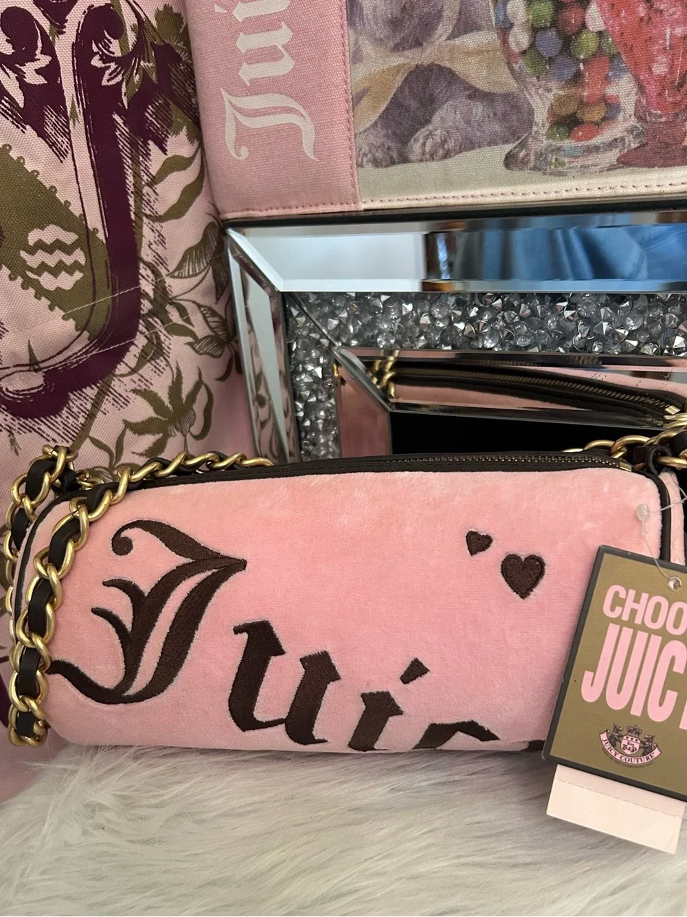 NWT Y2K Vintage 2007 Juicy Couture Pink Velour Brown Leather Tootsie Barrel Bag